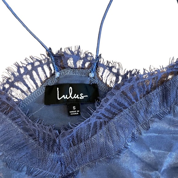 LULUS In the Mood Dusty Blue Satin Lace Cami Top - Picture 4 of 5